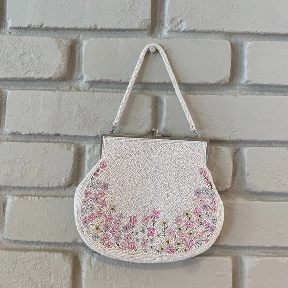 Handmade Handbags - Vintage French Hand Beaded Clutch, White with Flowers #026